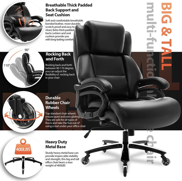 Furniture, Home & Kitchen, Home Office Chairs, Home Office Desk Chairs, Home Office FurnitureBig and Tall 400Lbs Office Chair- Adjustable Lumbar Support Heavy Duty Metal Base Quiet Rubber Wheels High Back Large Executive Computer Desk Chair, Ergonomic Design for Back Pain, Black - Premium  from Nobles Store - Just $441.86! Shop now at Nobles Store