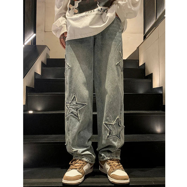 Jeans, Men's ClothingStar Embroidery Straight Casual Men Jeans Gothic Neutral New Wide Leg Loose Hip-Hop Fashion Youth Streetwear Denim Trousers Y2K - Premium  from Nobles Store - Just $45! Shop now at Nobles Store