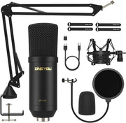XLR Condenser Microphone, Professional Studio Recording Microphone Kit with Vertical Steel Boom Arm and Removable Pop Filter, Free Installation - Black