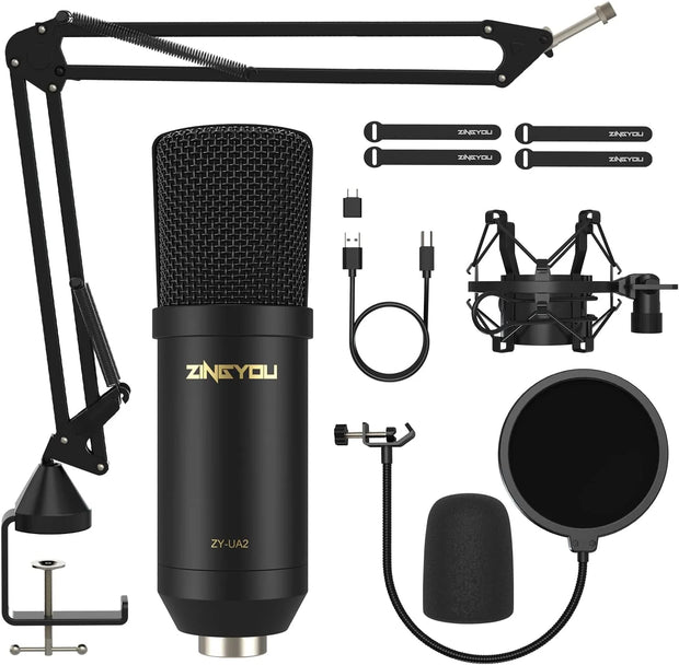 XLR Condenser Microphone, Professional Studio Recording Microphone Kit with Vertical Steel Boom Arm and Removable Pop Filter, Free Installation - Black