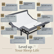 Harmony Adjustable Bed Base, Head and Foot Lift, Massage, Under-Bed Lights, USB, Gel Memory, Zero Gravity Smart Frame - Queen