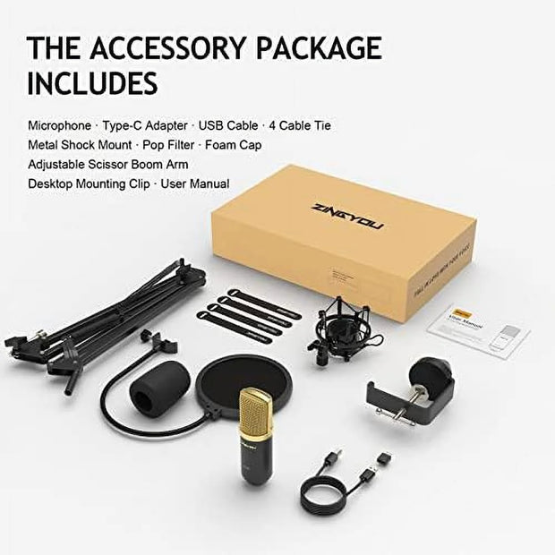 USB Condenser Microphone, 96Khz/24Bit Cardioid Computer Mic Kit for PC Recording, Gaming, Live Streaming, Voice Over, Youtube, Twitch, with Upgraded Boom Arm, ZY-UA2 (Gold)