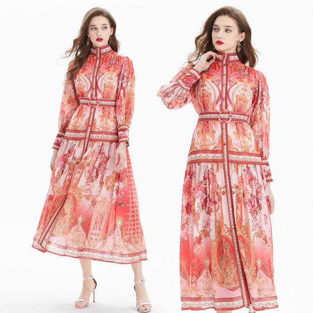 Clothing, null, WomenVacation Style Lantern Sleeve Chiffon Stand-up Collar Flounced Skirt Swing - Premium 0 from Nobles Store - Just $81.05! Shop now at Nobles Store