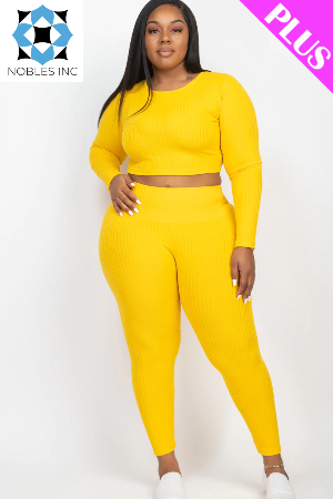 Clothing, Dresses, Shoes & Jewelry, WomenPlus Size Ribbed Long Sleeve Crop Top & Leggings Set (CAPELLA) - Premium  from Nobles Store - Just $52.29! Shop now at Nobles Store