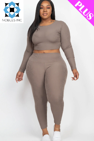 Clothing, Dresses, Shoes & Jewelry, WomenPlus Size Ribbed Long Sleeve Crop Top & Leggings Set (CAPELLA) - Premium  from Nobles Store - Just $52.29! Shop now at Nobles Store