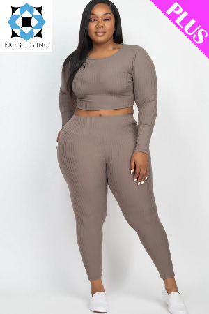 Clothing, Dresses, Shoes & Jewelry, WomenPlus Size Ribbed Long Sleeve Crop Top & Leggings Set (CAPELLA) - Premium  from Nobles Store - Just $52.29! Shop now at Nobles Store