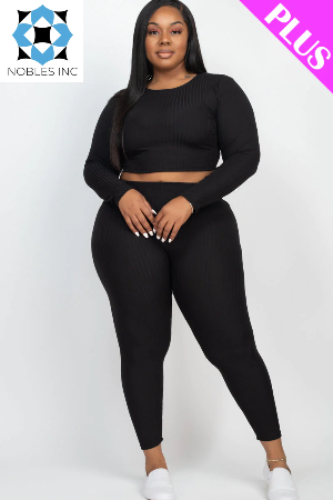 Clothing, Dresses, Shoes & Jewelry, WomenPlus Size Ribbed Long Sleeve Crop Top & Leggings Set (CAPELLA) - Premium  from Nobles Store - Just $52.29! Shop now at Nobles Store