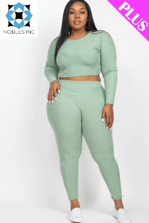 Clothing, Dresses, Shoes & Jewelry, WomenPlus Size Ribbed Long Sleeve Crop Top & Leggings Set (CAPELLA) - Premium  from Nobles Store - Just $52.29! Shop now at Nobles Store