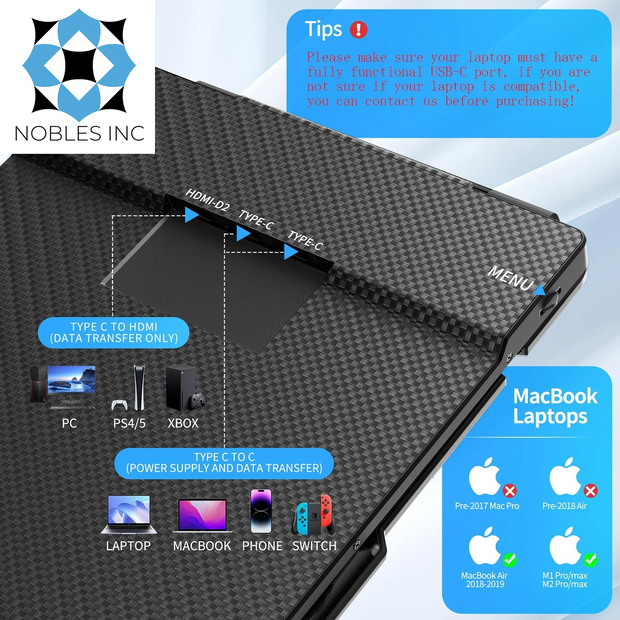 Computer Monitors, Computers, Electronics, IPS Monitors, Laptops and TabletsPortable Laptop Screen Extender - 14" Triple IPS FHD 1080P Monitor, Hdmi/Usb-A/Type-C, Compatible with Windows & Mac for Travel, Gaming, Work (Max Length: 15.74") - Premium  from Nobles Store - Just $259.97! Shop now at Nobles Store