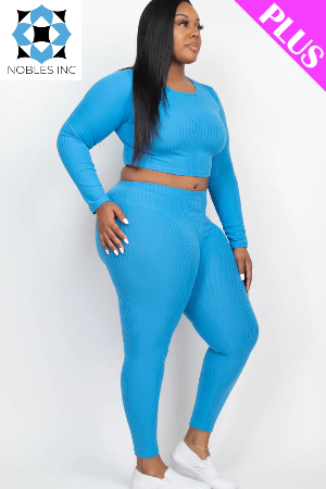 Clothing, Dresses, Shoes & Jewelry, WomenPlus Size Ribbed Long Sleeve Crop Top & Leggings Set (CAPELLA) - Premium  from Nobles Store - Just $52.29! Shop now at Nobles Store
