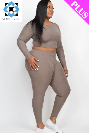 Clothing, Dresses, Shoes & Jewelry, WomenPlus Size Ribbed Long Sleeve Crop Top & Leggings Set (CAPELLA) - Premium  from Nobles Store - Just $52.29! Shop now at Nobles Store