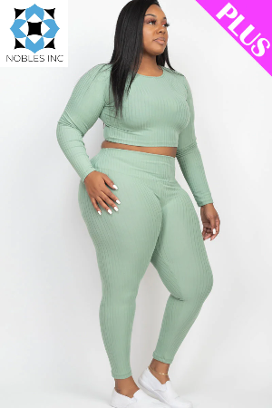 Clothing, Dresses, Shoes & Jewelry, WomenPlus Size Ribbed Long Sleeve Crop Top & Leggings Set (CAPELLA) - Premium  from Nobles Store - Just $52.29! Shop now at Nobles Store